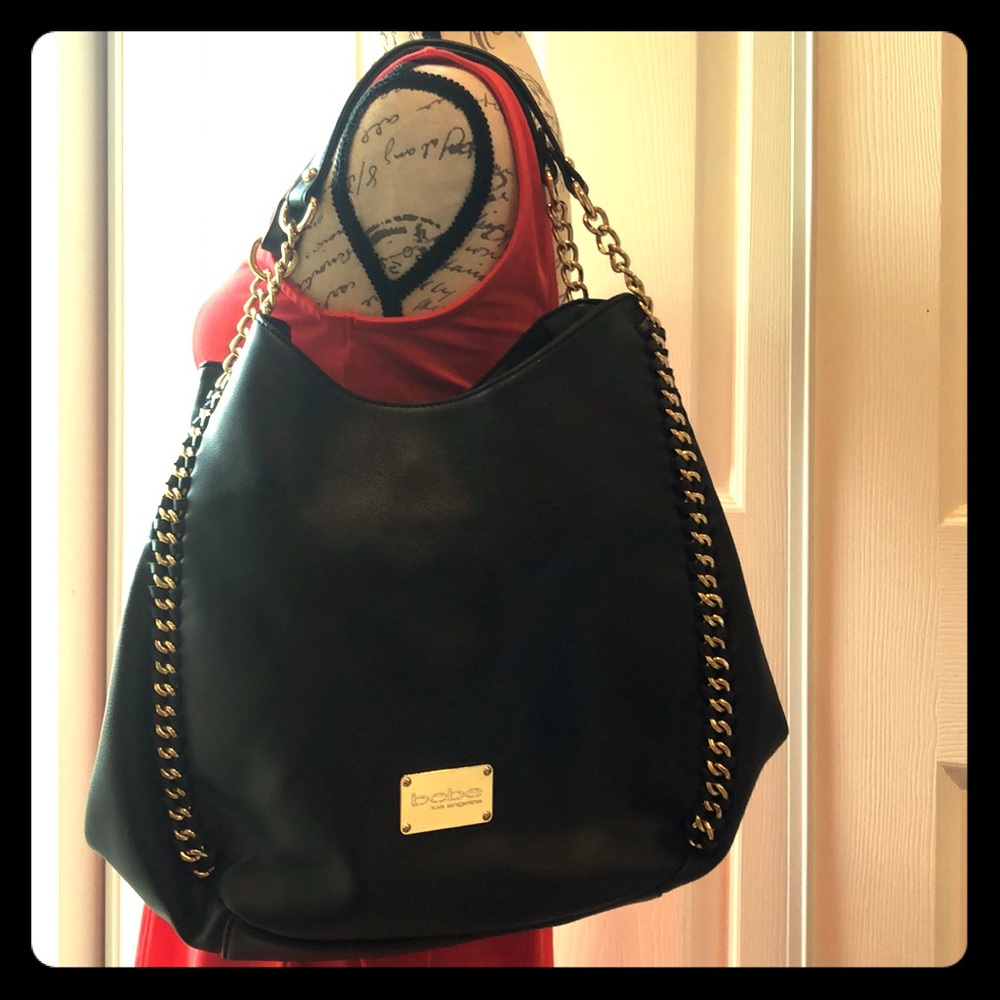 Bebe black & gold medium shoulder tote w/zipper